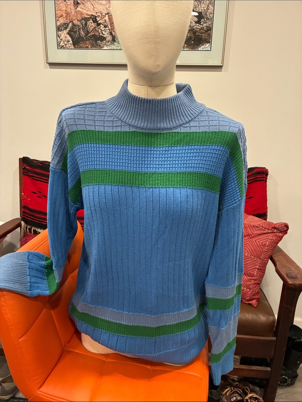 Karl Lagerfeld Paris sample 2022F Blue & Green Ribbed Turtleneck Sweater